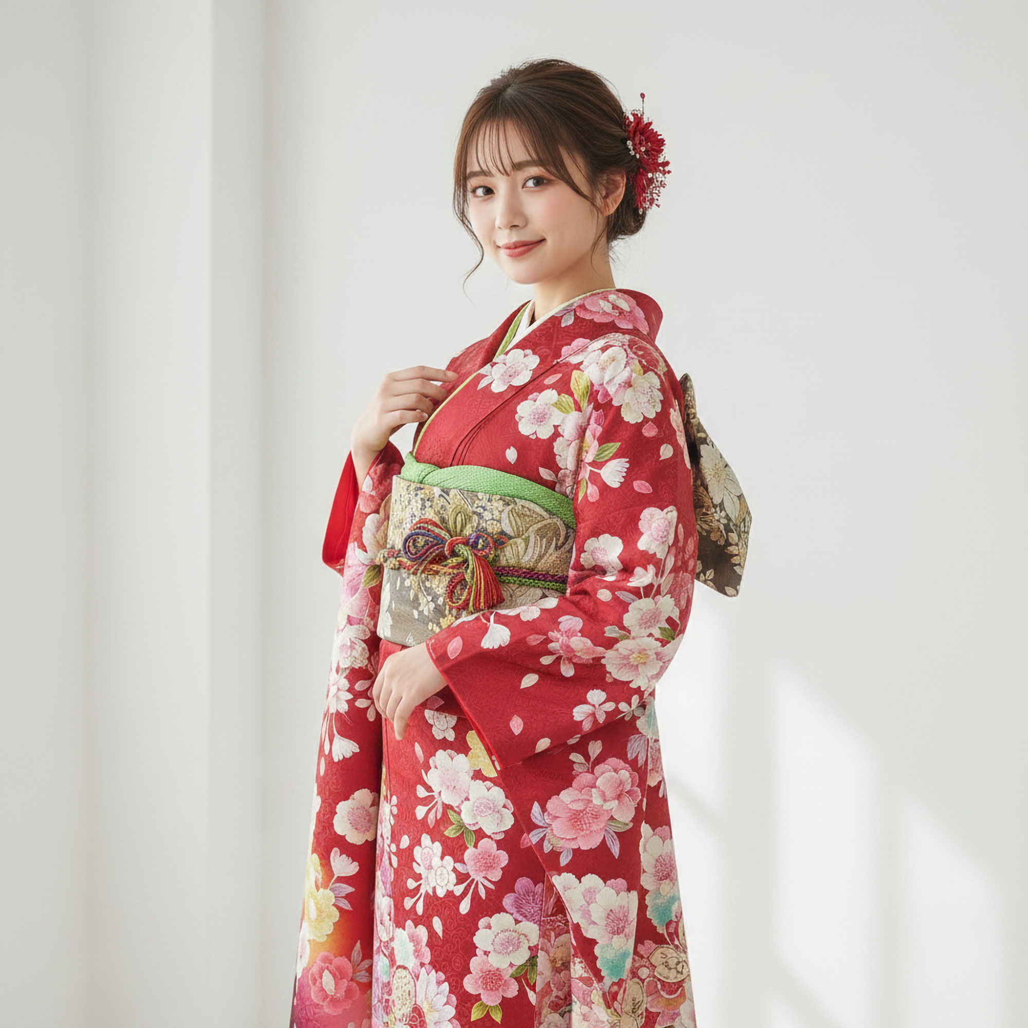 振袖のみ✨　長襦袢、フルセットはオプション✨フルセットに変更可能です✨ NISHIORI レンタル商品 振袖 フルセット 貸衣装 赤 red系 No.014 適応