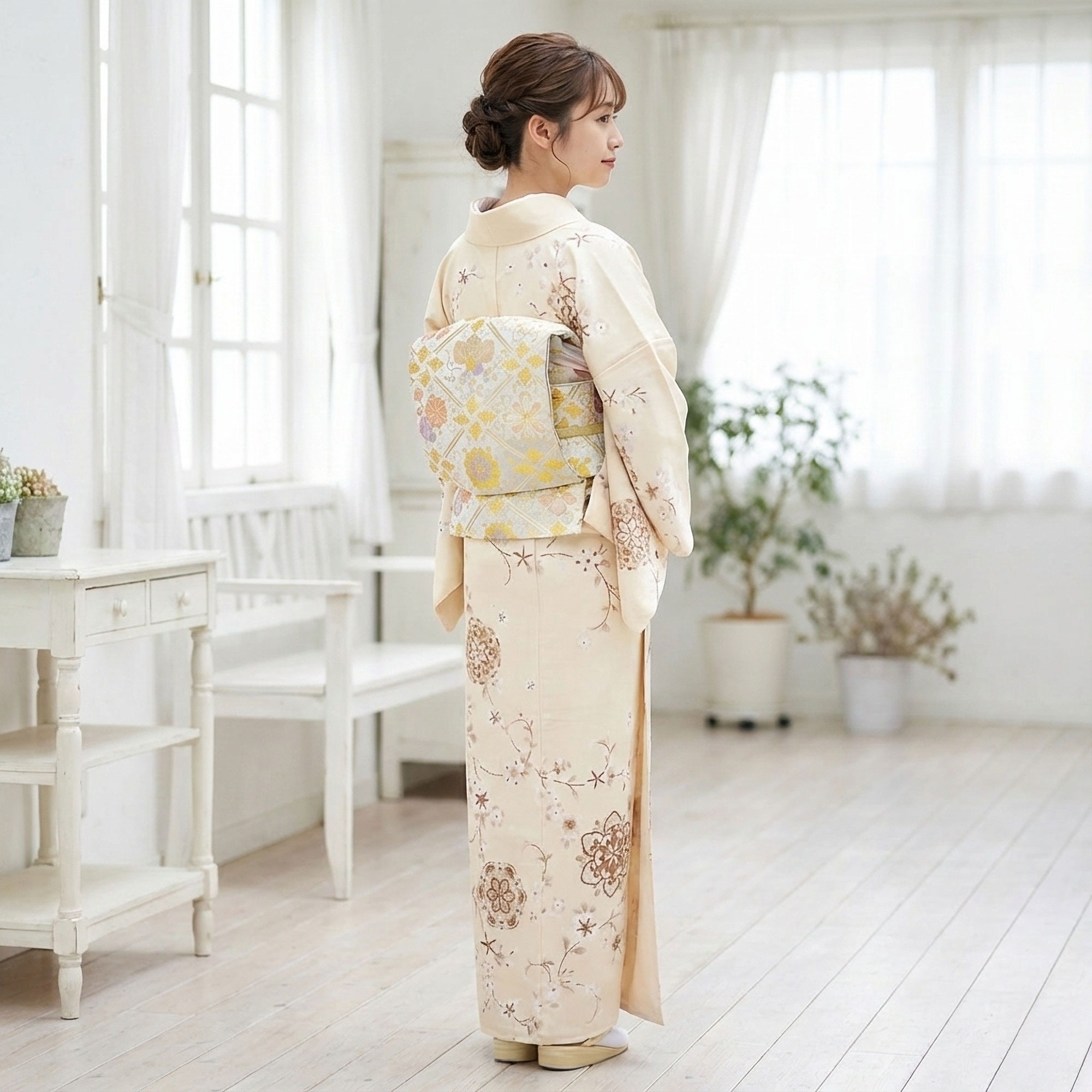 訪問着フルセット付下げ 丈170裄トールサイズ 上品 クリーム　人気ベージュ❣️ NISHIORI 訪問着レンタル フルセット 付下げ ベージュ No.0275 : 和装