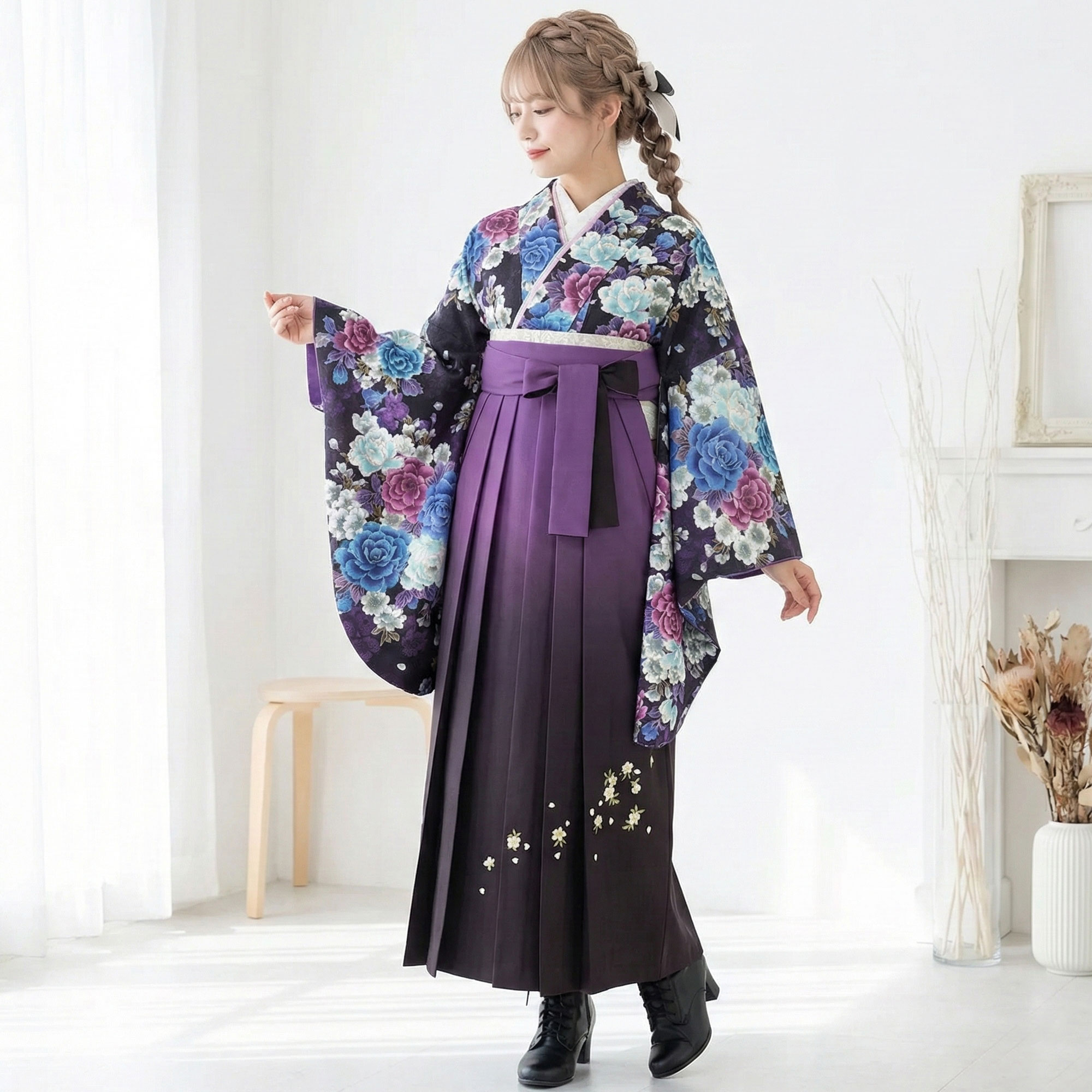 NISHIORI 二尺袖着物 袴 レンタル商品 送料無料 貸衣装 青×紫×刺繍×袴