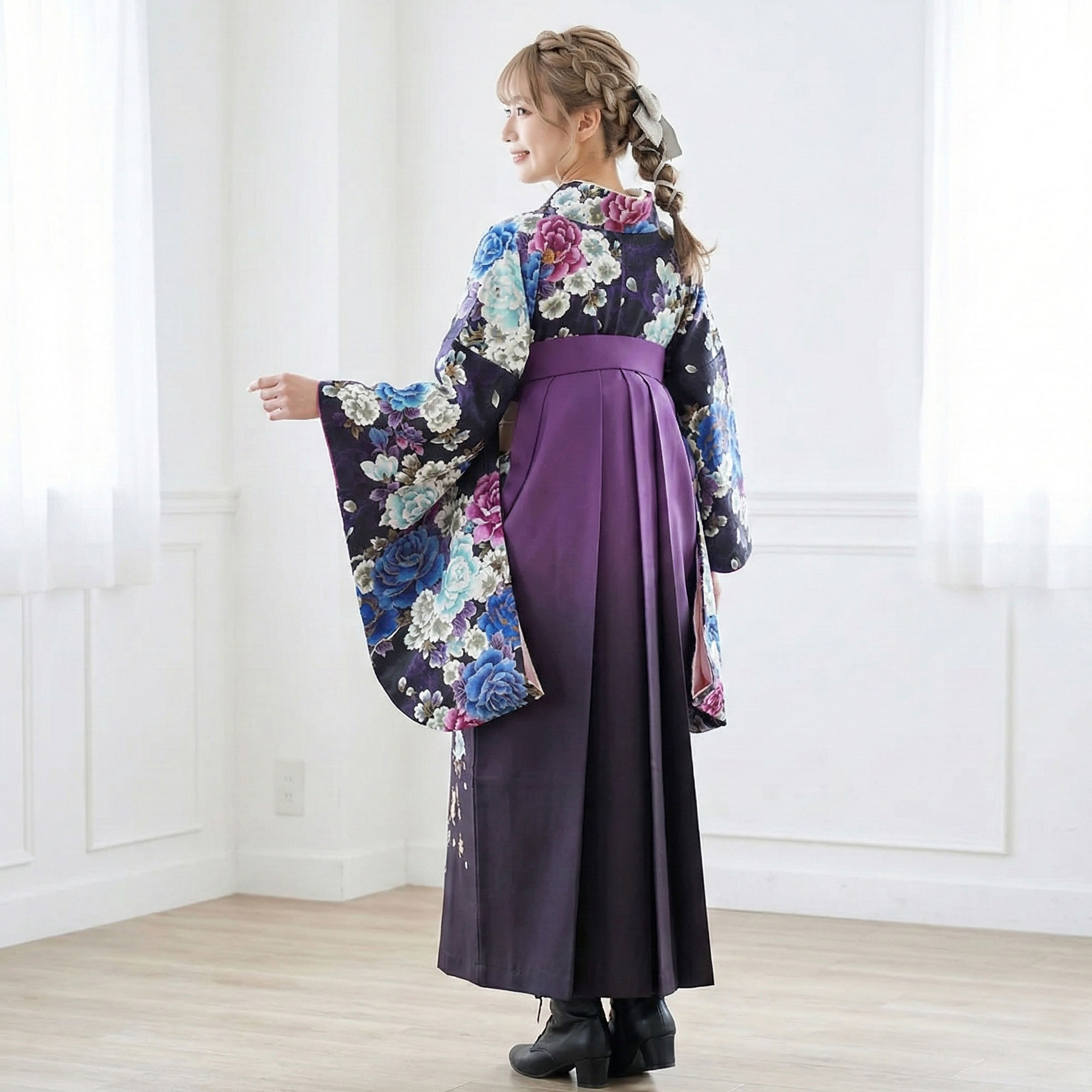 NISHIORI 二尺袖着物 袴 レンタル商品 送料無料 貸衣装 青×紫×刺繍×袴