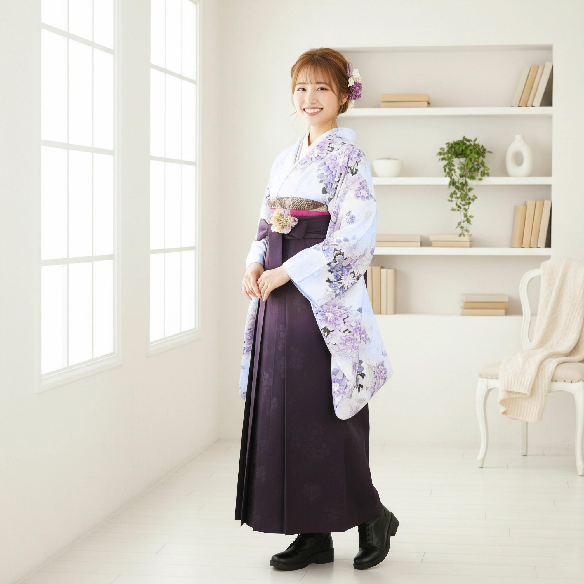 NISHIORI 二尺袖着物 袴 レンタル商品 送料無料 貸衣装 H L 白 紫 刺繍