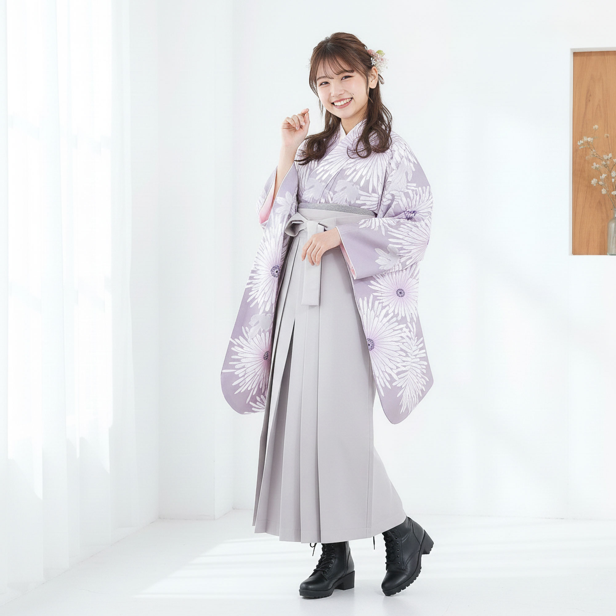 新品【くすみラベンダーに花】着物＆袴セット 卒業式 二尺袖着物 袴 卒業式 LL NISHIORI 二尺袖 着物 袴 セット レンタル商品【貸衣装 卒業式 大学生