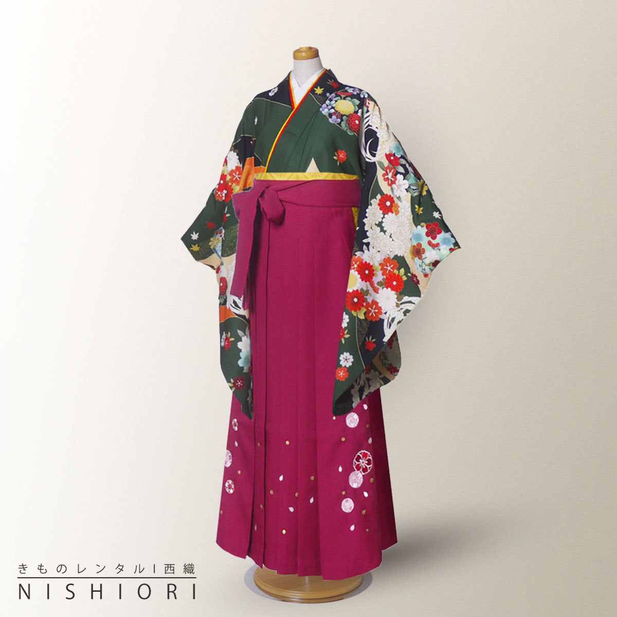 ジュニアサイズ 絵羽柄 二尺袖 着物 袴 レンタル 往復貸衣装 卒業式 ジュニア 小学生 対応可 緑 菊 花輪 ブーツ選択可 NISHIORI ジュニアサイズ 絵羽柄 二尺袖 着物 袴 レンタル商品 往復