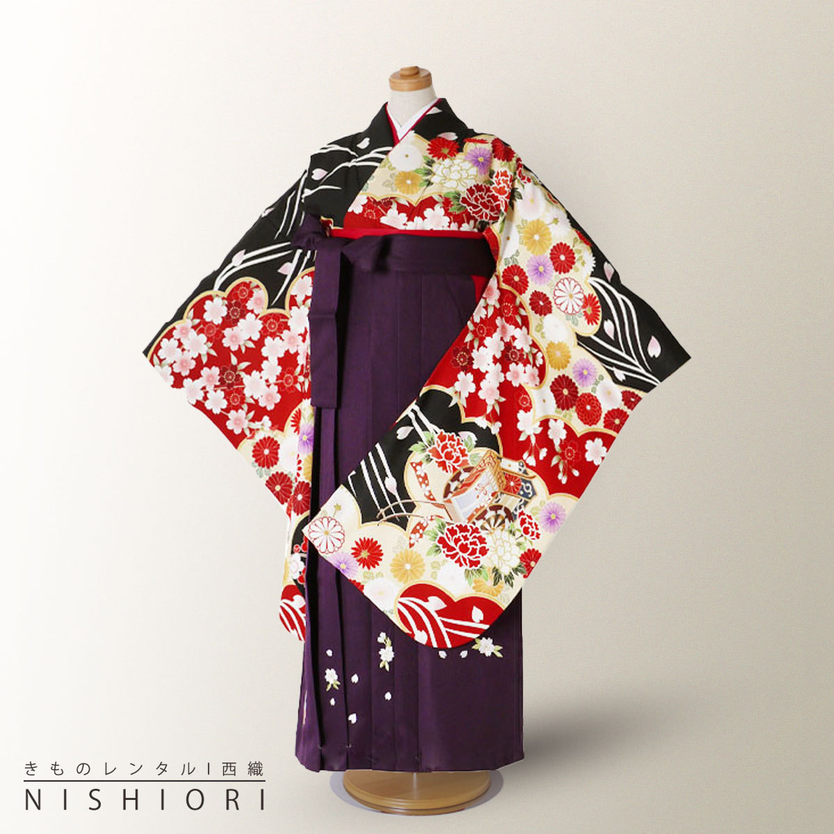 ジュニアサイズ 絵羽柄 二尺袖 着物 袴 レンタル 往復貸衣装 卒業式 ジュニア 小学生 対応可 緑 金 菊 ブーツ選択可 NISHIORI ジュニアサイズ 絵羽柄 二尺袖 着物 袴 レンタル商品 往復