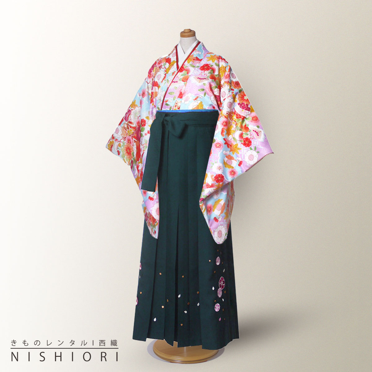 ジュニアサイズ 二尺袖 着物 袴 レンタル 往復貸衣装 卒業式 ジュニア 小学生 対応可 水色 鶴 菊橘 緑 ブーツ選択可 NISHIORI ジュニアサイズ 二尺袖 着物 袴 レンタル商品 往復送料無料