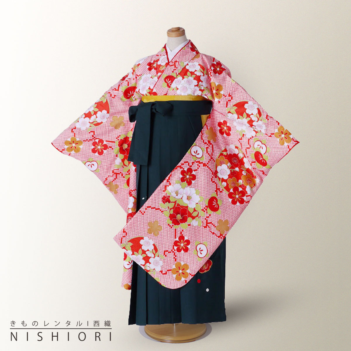 ジュニア 二尺袖 着物 袴 レンタル 花ひめブランド 往復十三参り 卒業式 貸衣装 小学生 朱色 鹿の子柄 深緑 ブーツ選択可 NISHIORI ジュニア 二尺袖 着物 袴 レンタル商品 花ひめブランド 十三