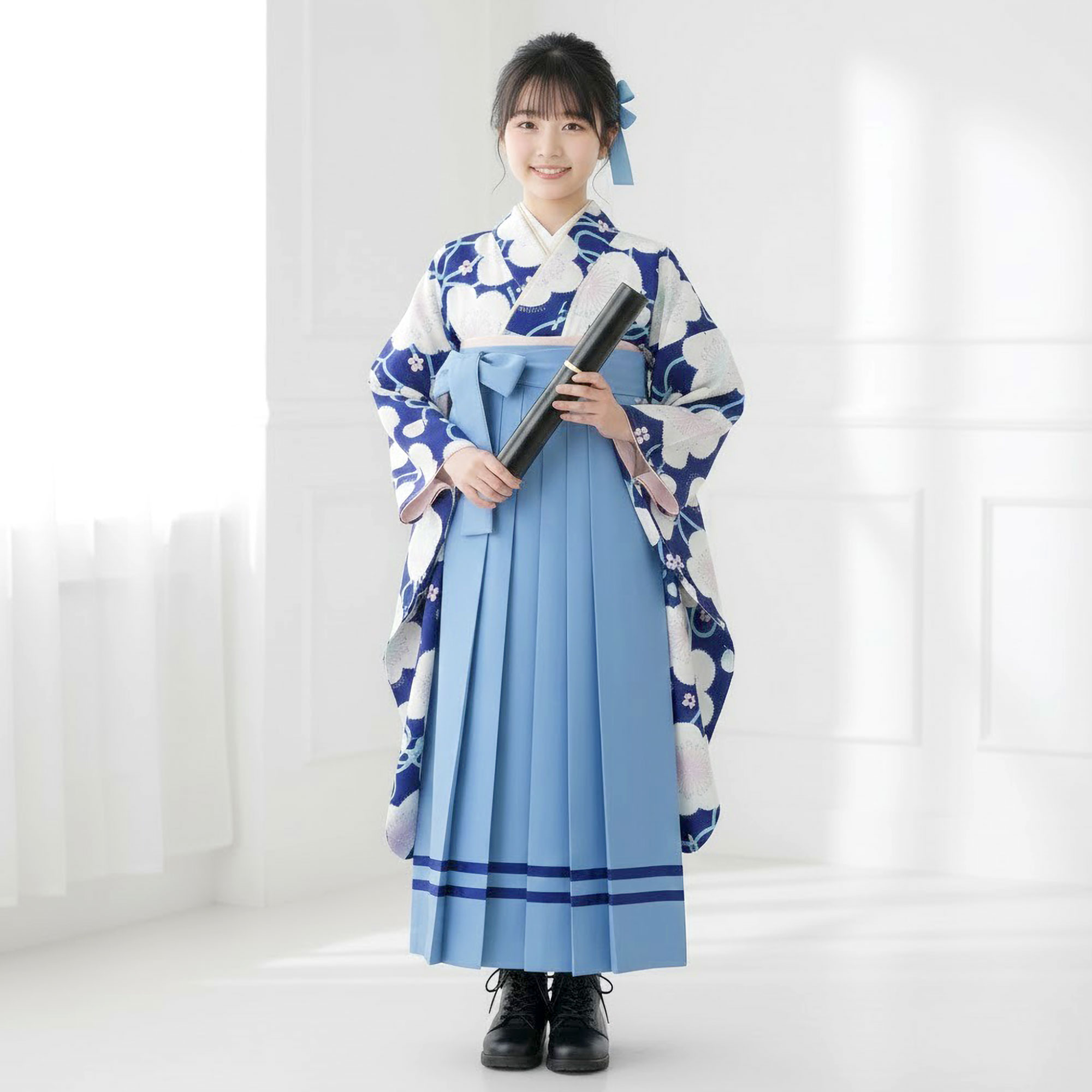 卒業式用　袴　着物セット pom ponette ブルー　はな柄　ストライプ NISHIORI レンタル商品 pom ponette ポンポネット 卒業式 二尺袖
