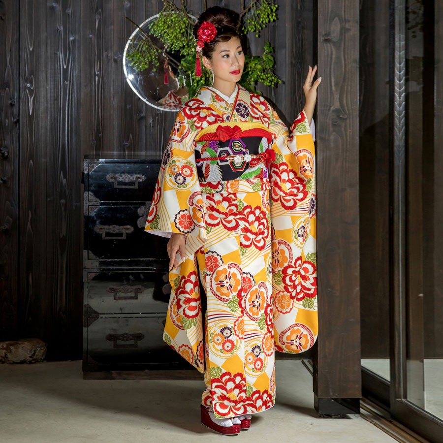 レンタル 振袖 貸衣装 フルセット 貸衣装 画像の帯がセット 和遊日No.1483 黄色 オレンジ 古典 NISHIORI レンタル商品 振袖 貸衣装 フルセット 貸衣装 画像の帯が