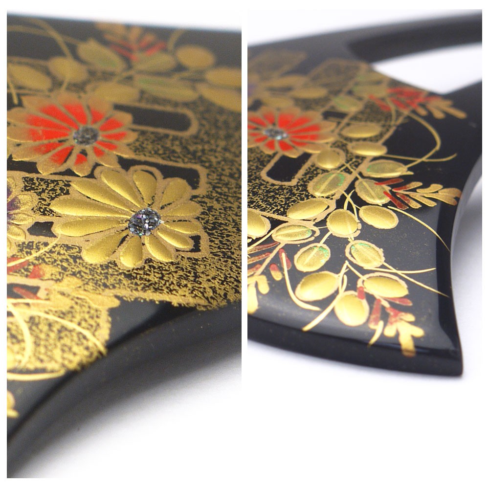 NISHIORI 簪 バチ型 髪飾り 高級 かんざし 黒地蒔絵 金彩 菊 萩