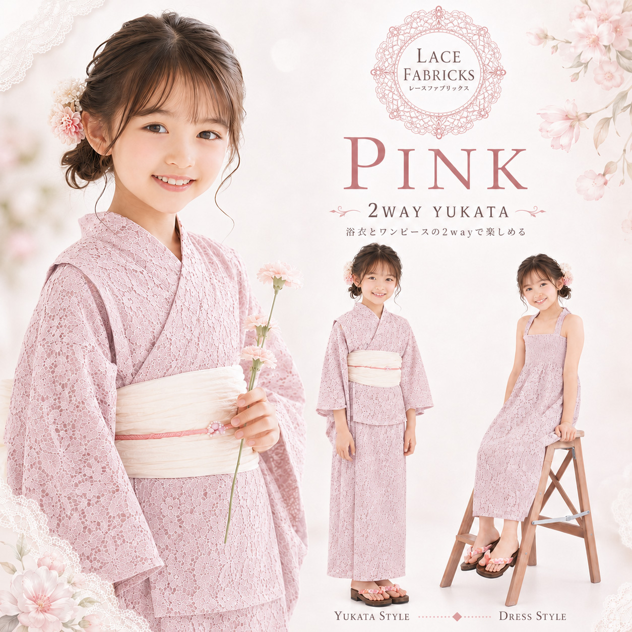 NISHIORI キッズ 子供 2way レース 浴衣 サンドレス 3点セット しわ