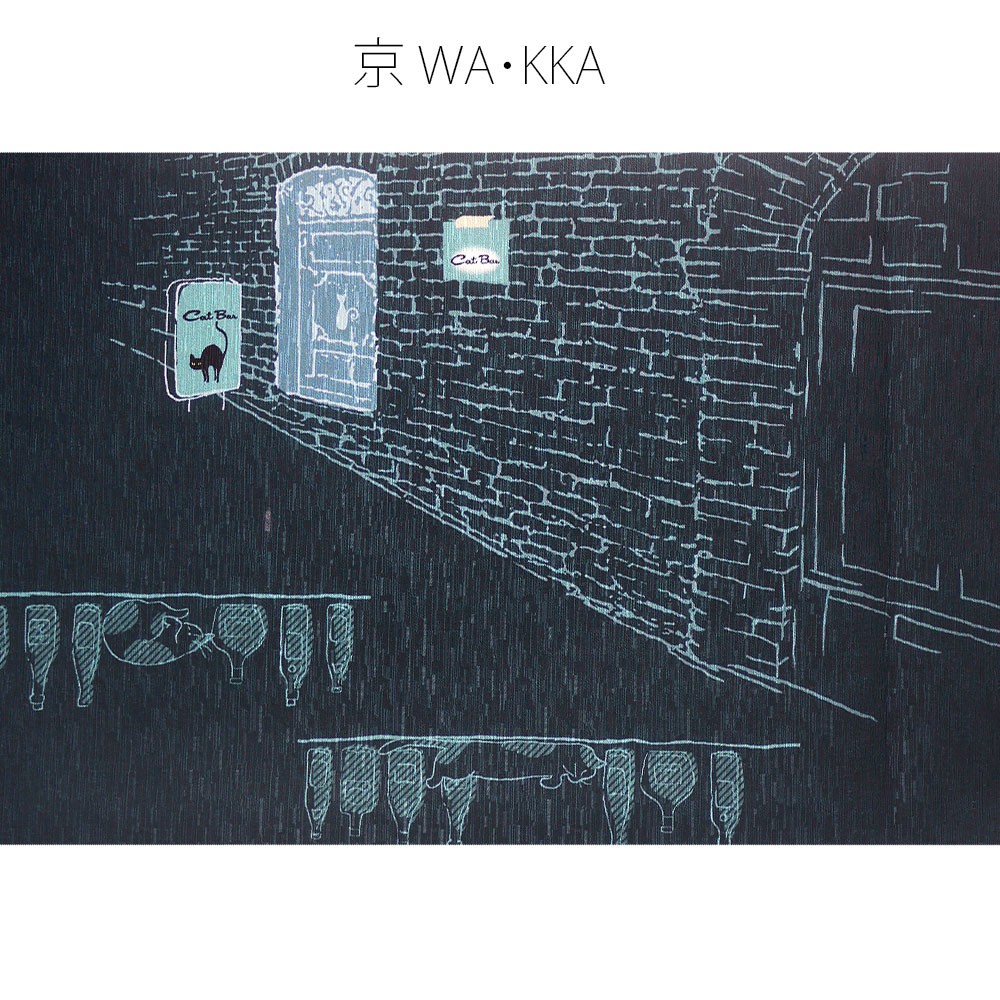 wakka 京袋帯 「ねこ酒Bar」京 wa・kka ブランド 高級 シルク帯 ハイクラス ネコ お酒 猫 青