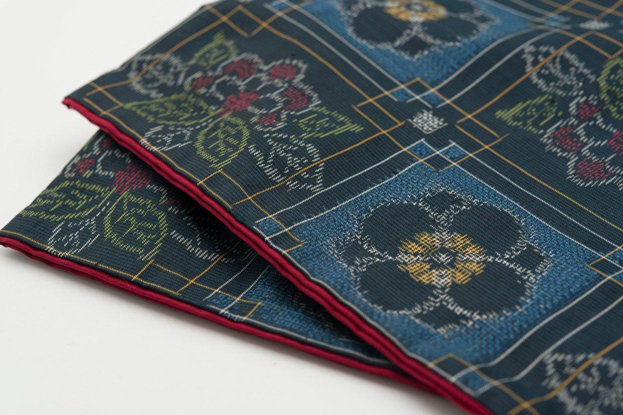 紬 花の市松 名古屋帯 正絹 紬 市松模様 着物 063t 袷】市松に絣