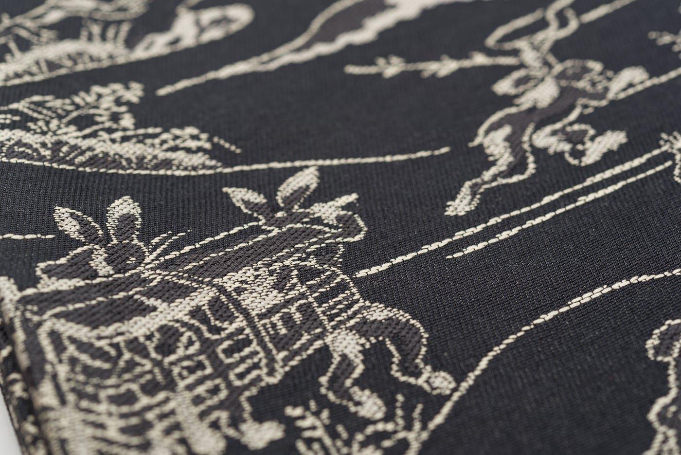 新品　正絹半幅帯　鳥獣戯画　黒×白グレーの画像