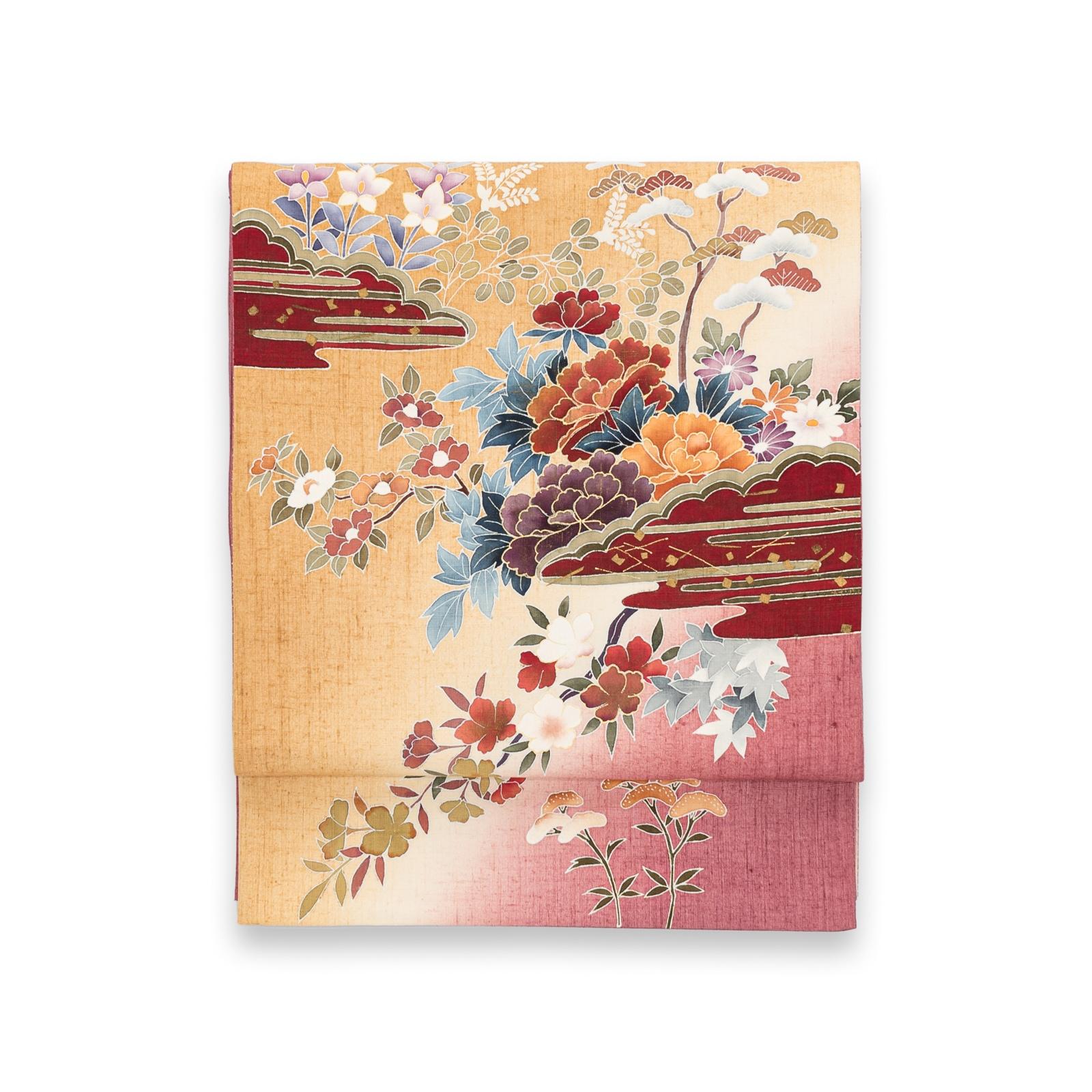 FLOWERS 四季 洒落袋帯○染紬 雲取りに四季花 作家物 : 新品・リユース着物の