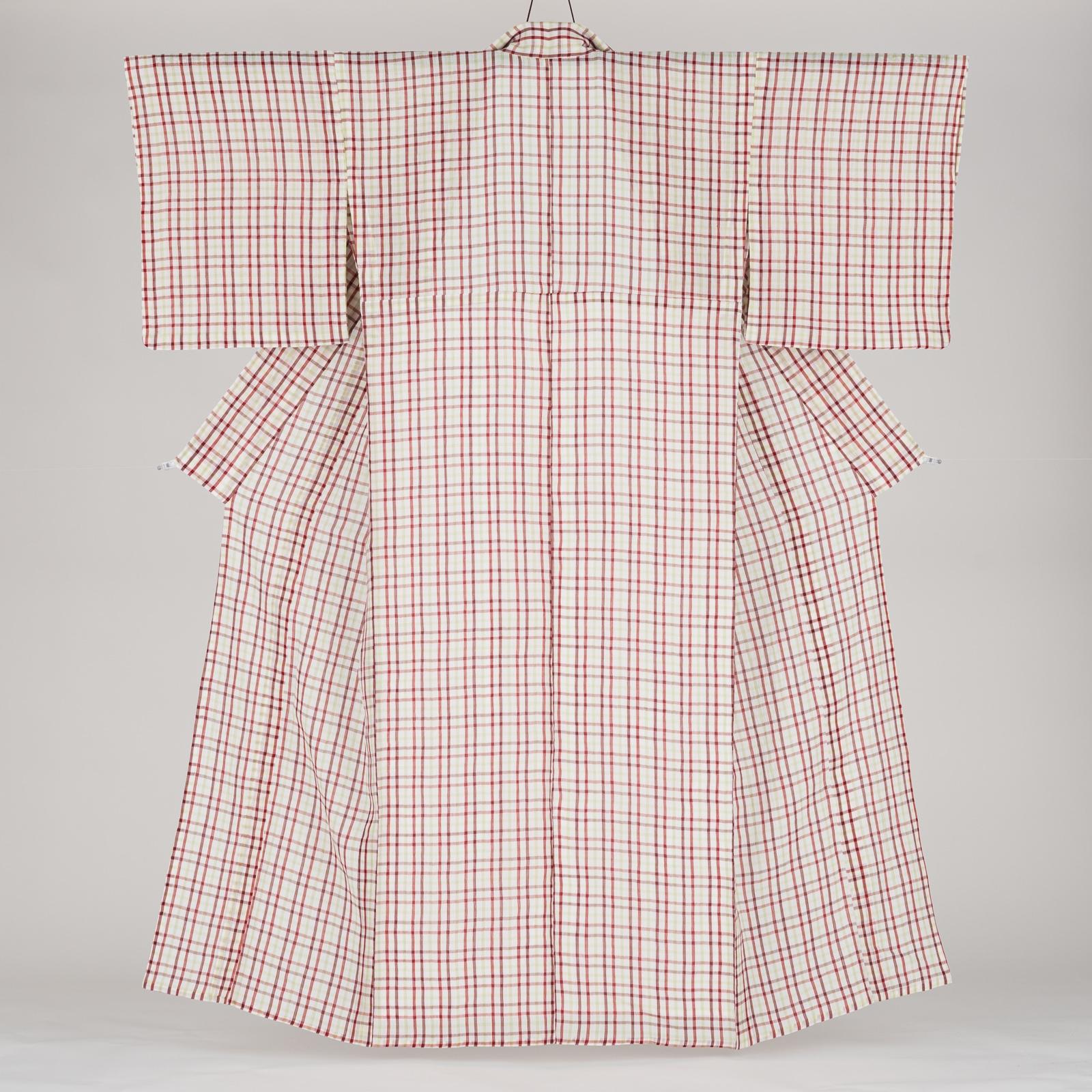 新品　小千谷縮　格子　赤茶×黄緑の画像