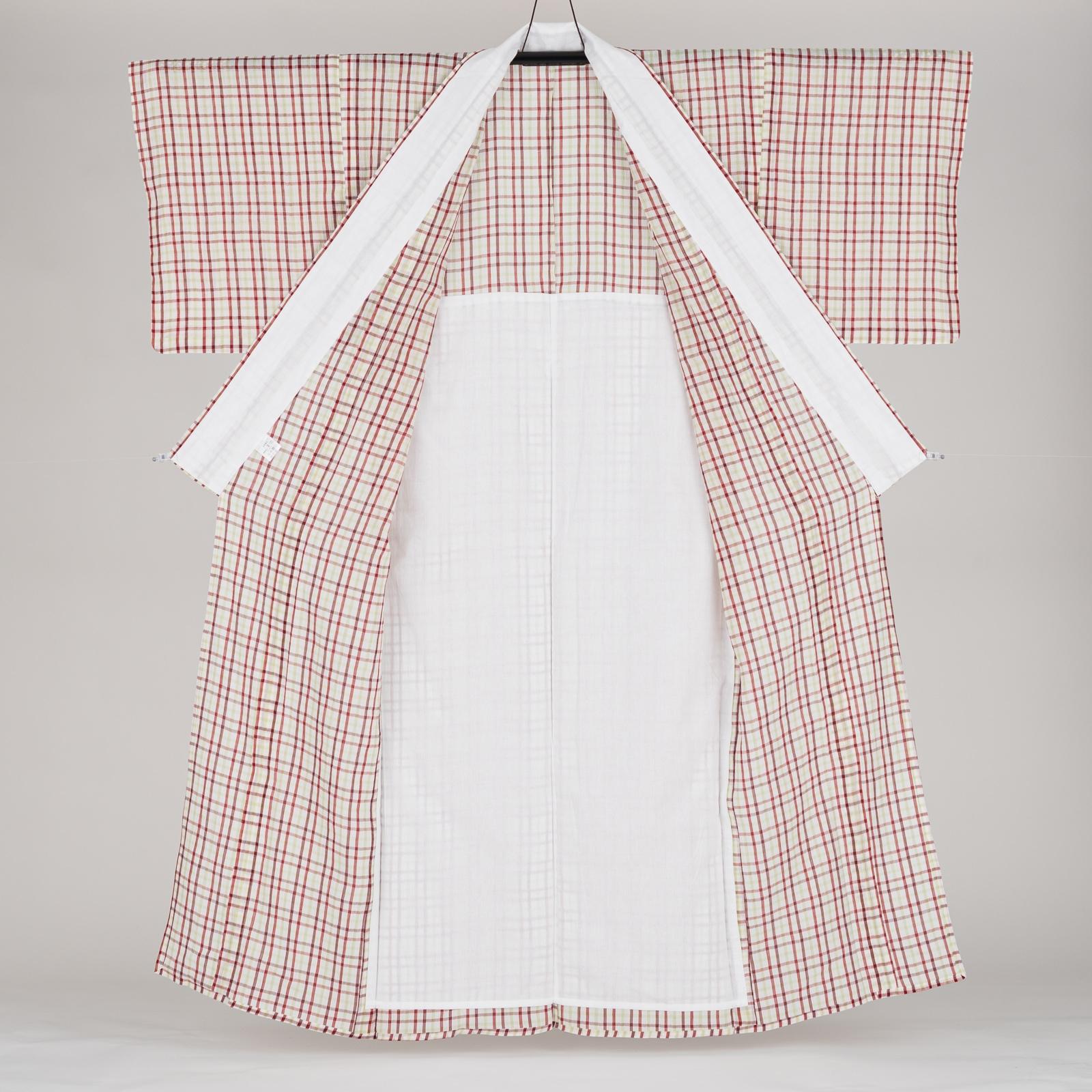 新品　小千谷縮　格子　赤茶×黄緑の画像