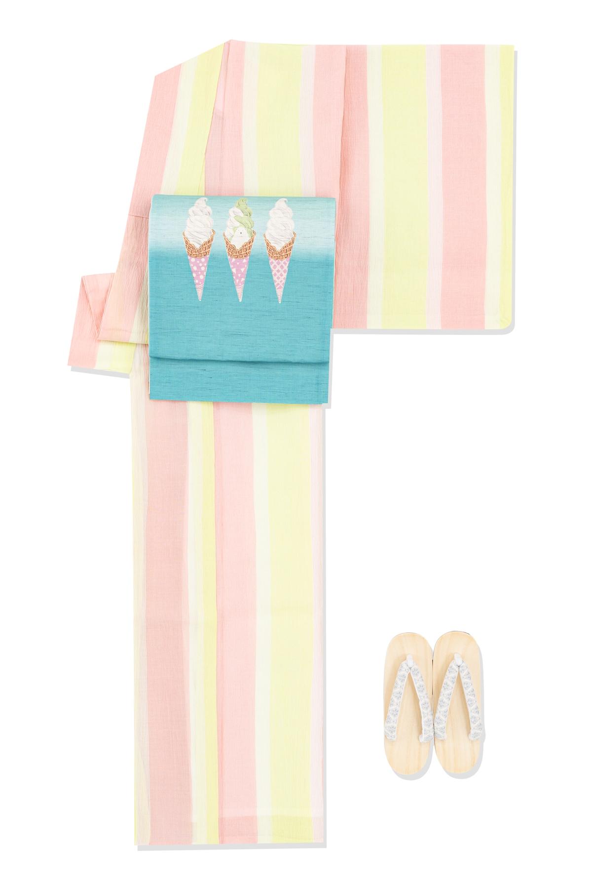 新品　小千谷縮　縞　桃色×黄色の画像