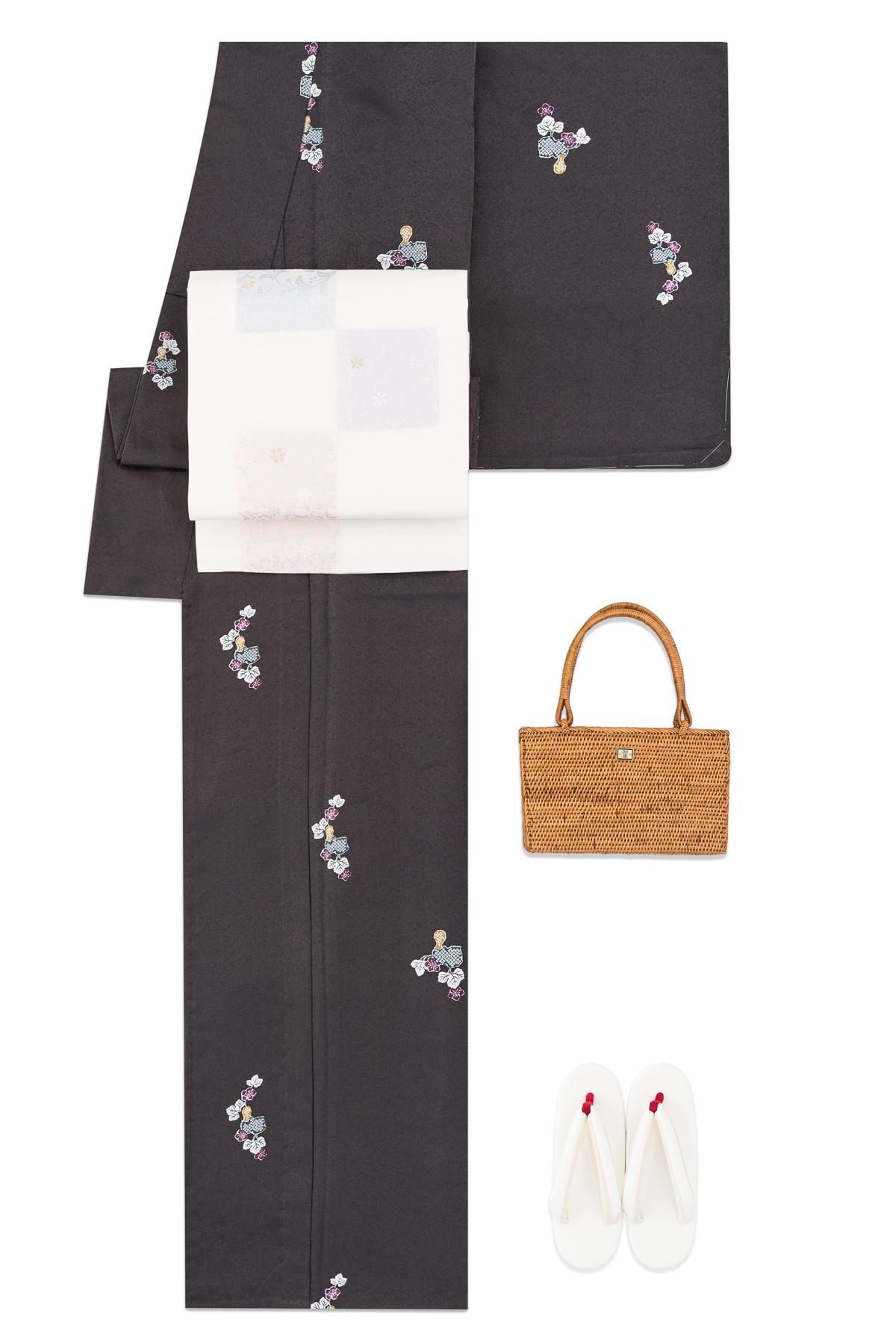 新品 単衣 飛び柄小紋 瓢箪 黒檀 : 新品・リユース着物の通販 からん