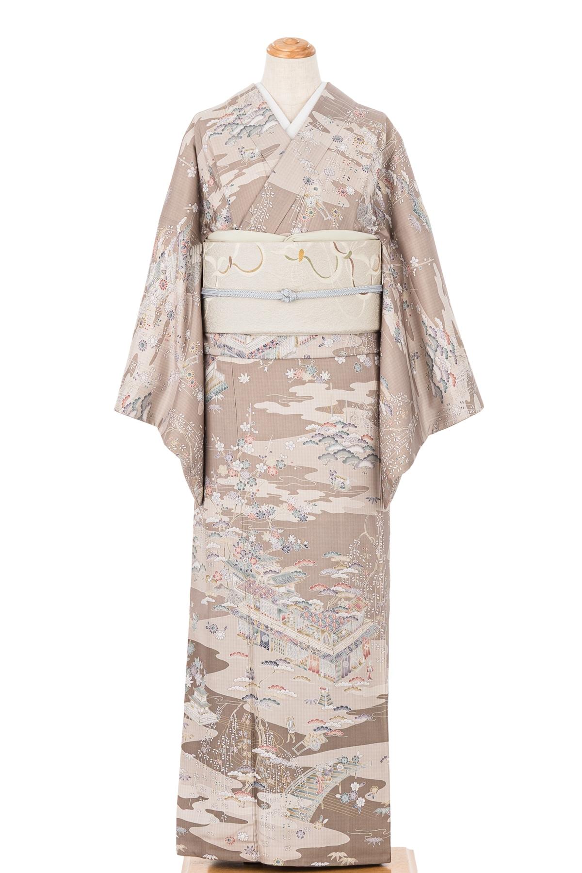 平和屋着物▽訪問着 単衣 本場縞大島紬 作家物 手描き 風景文