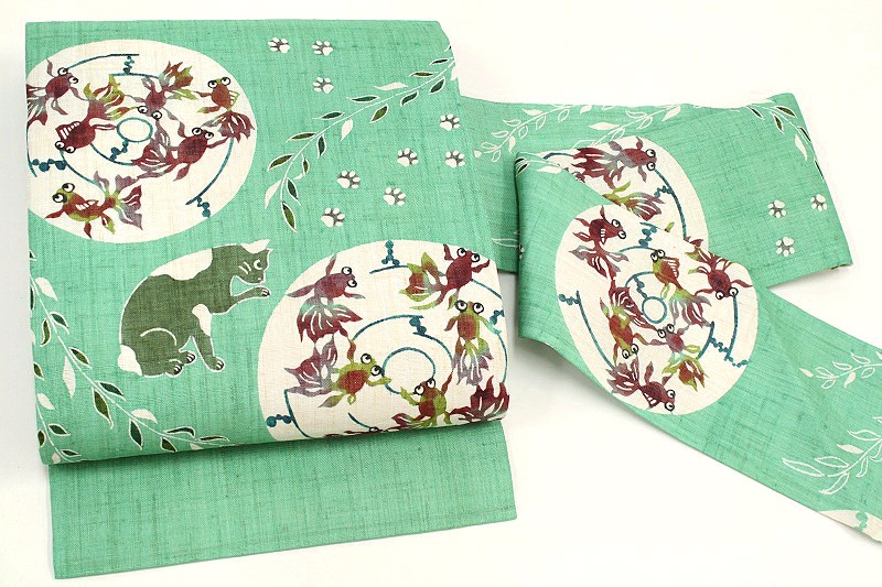 最新情報 栗山吉三郎 名古屋帯 栗山紅型 夏物 和染紅型 紅型染 緑色 猫 ねこ ネコ 金魚 本大麻 未仕立て 反物 九寸 お洒落着 美しいキモノ Zn13 上質で快適 Www Technet 21 Org