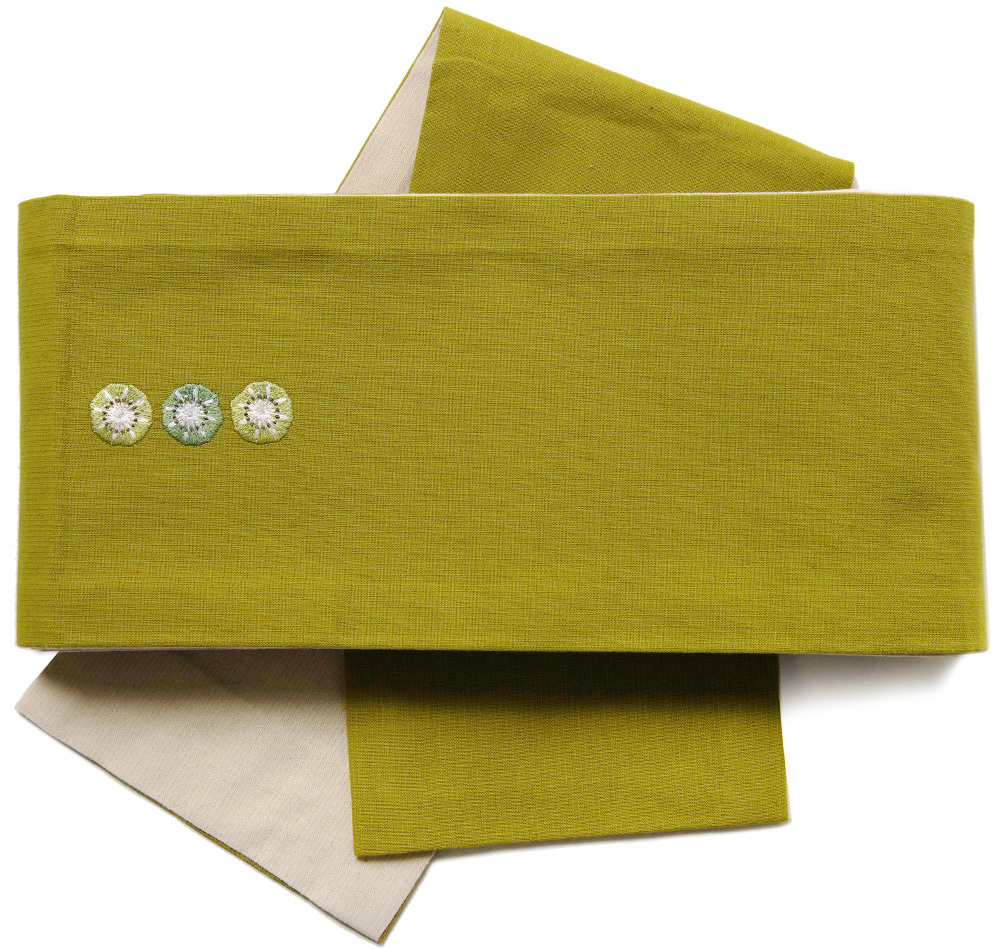 半幅帯 木綿 刺繍 キウイ 黄緑 ベージュ クリーム フルーツ 細帯 半巾 