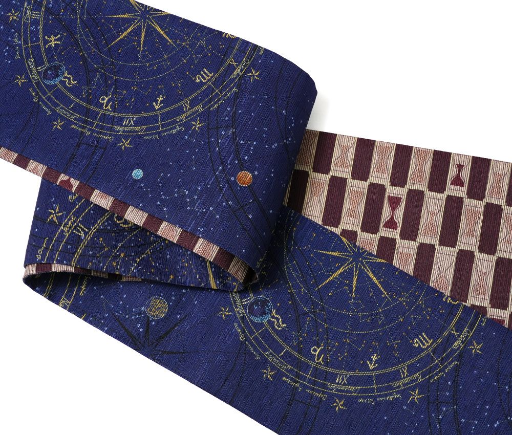半幅帯 召しませ花 タイムトラベル 青 ネイビー ブラウン 宇宙 星 日本