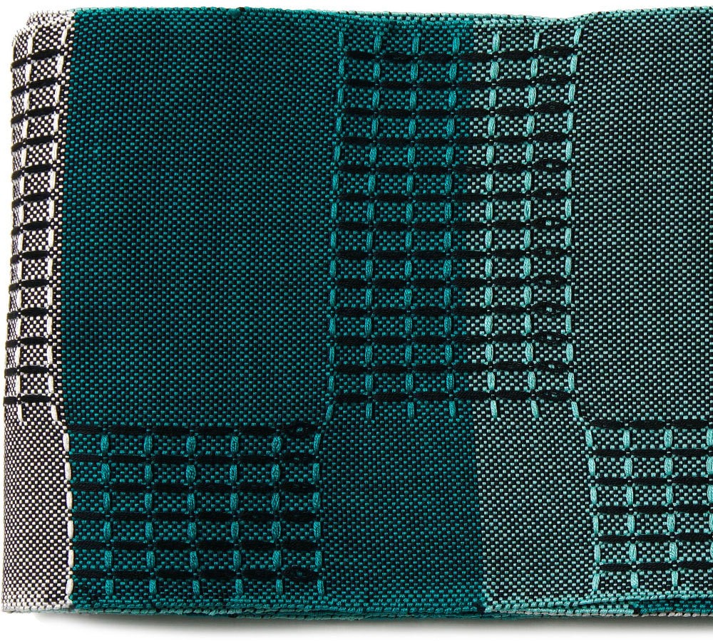 半幅帯 米沢 宝来織 ターコイズ 青緑 オフ白 黒 正絹 長尺 日本製 伝統