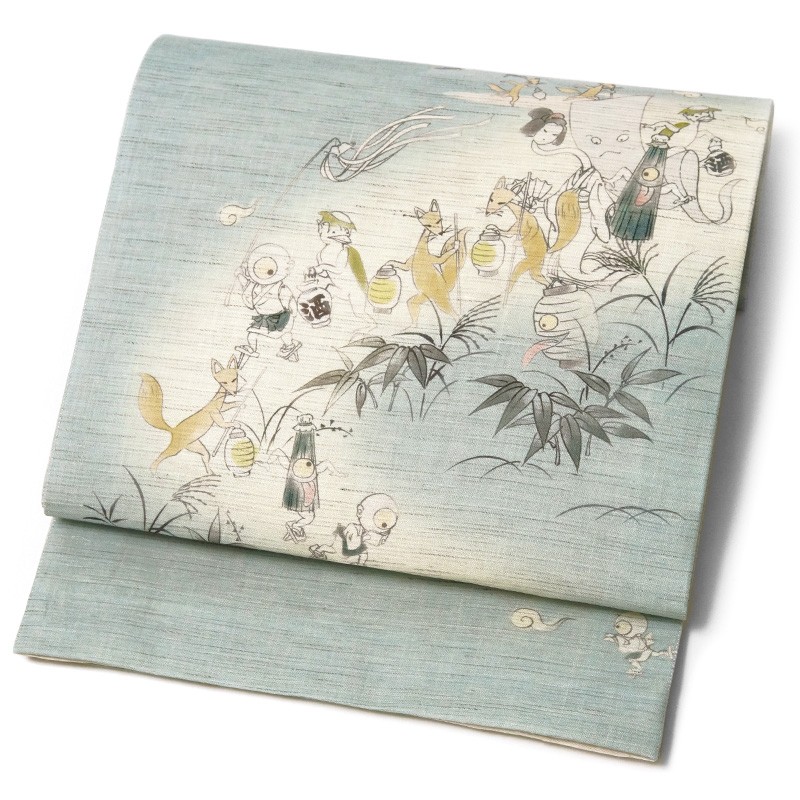 新品 WA・KKA 麻 京袋帯 061 なんかようかい？ 薄あさぎ 妖怪 京袋帯 WAKKA 麻 百鬼夜行 薄浅葱 きなり おばけ キツネ 夏帯