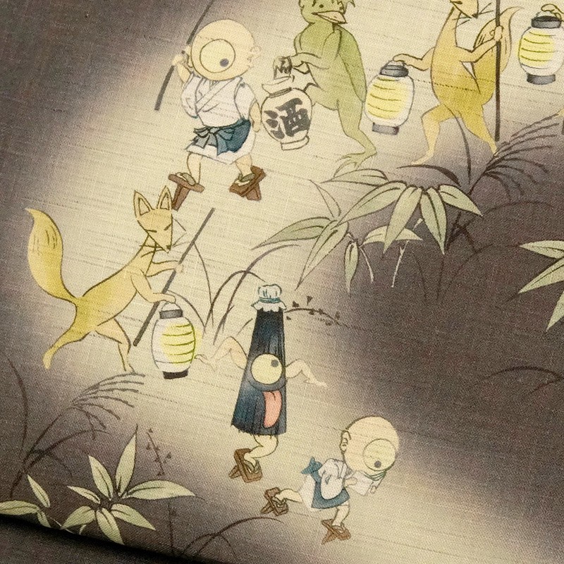 京袋帯 WAKKA 麻 百鬼夜行 こげ茶 ブラウン きなり おばけ キツネ 夏帯