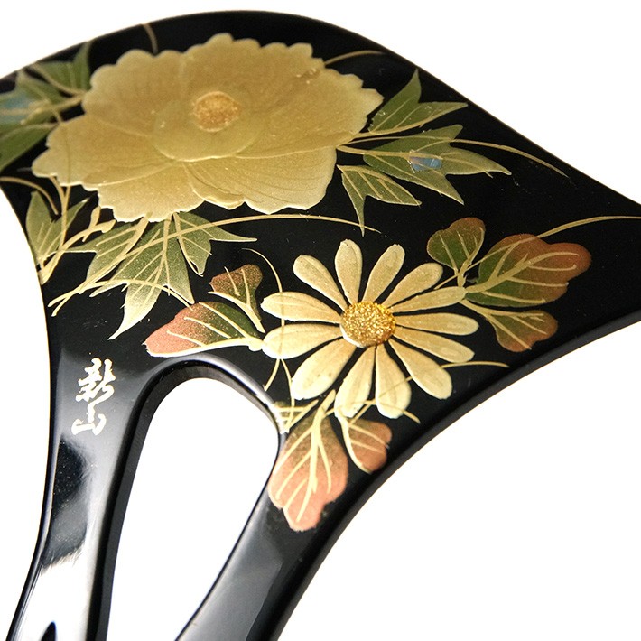 かんざし 牡丹 菊 蒔絵風 黒 金 バチ型 フォーマル 髪飾り ヘア かんざし 牡丹 菊 蒔絵風 黒 金 バチ型 フォーマル 髪飾り ヘア