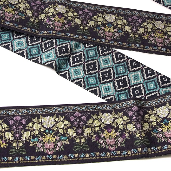 半幅帯 召しませ花 フラワーリボン 花 黒 ブルー 黄色 ターコイズ 紫