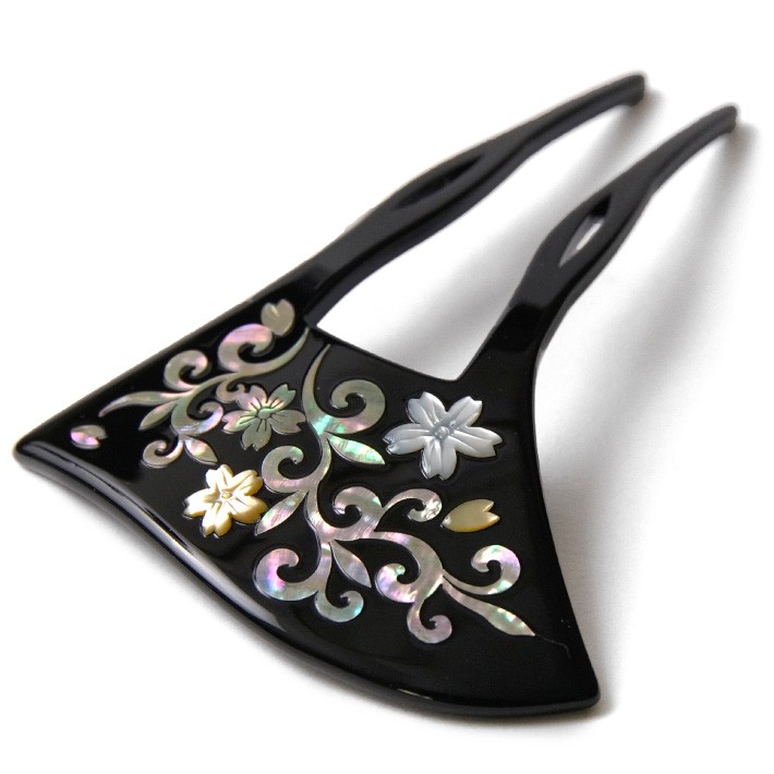 かんざし 螺鈿 桜 唐草 蒔絵風 黒 銀 バチ型 フォーマル 髪飾り ヘア