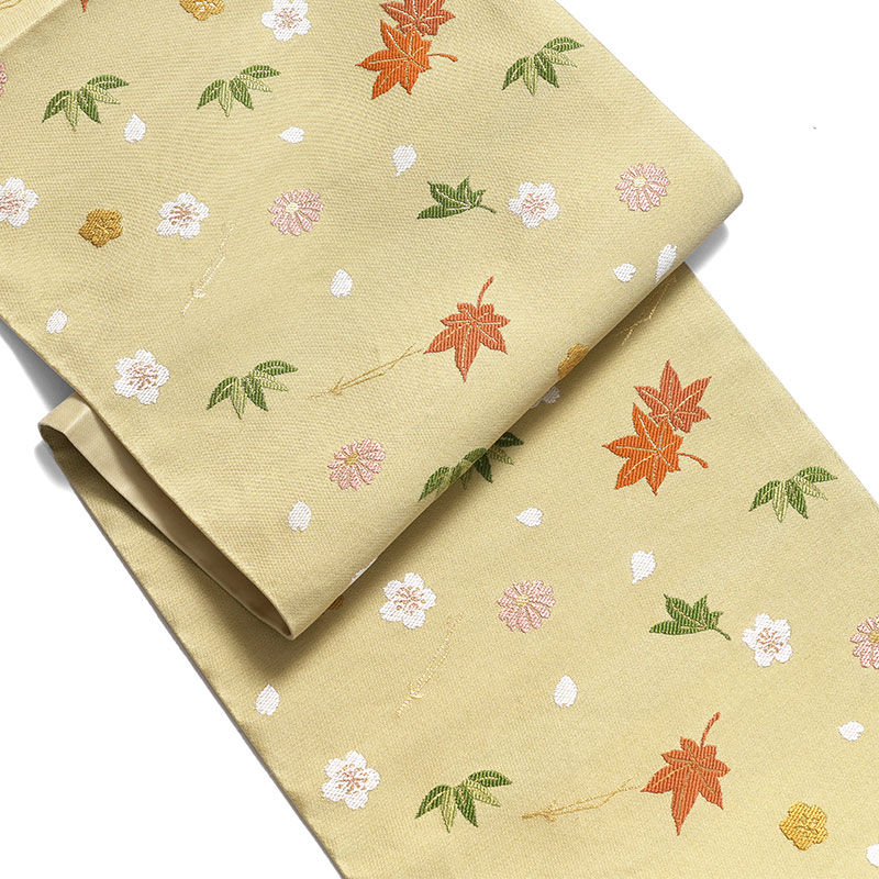 京袋帯 吹き寄せ からし 黄色 紅葉 桜 松葉 笹 花 伝統文様