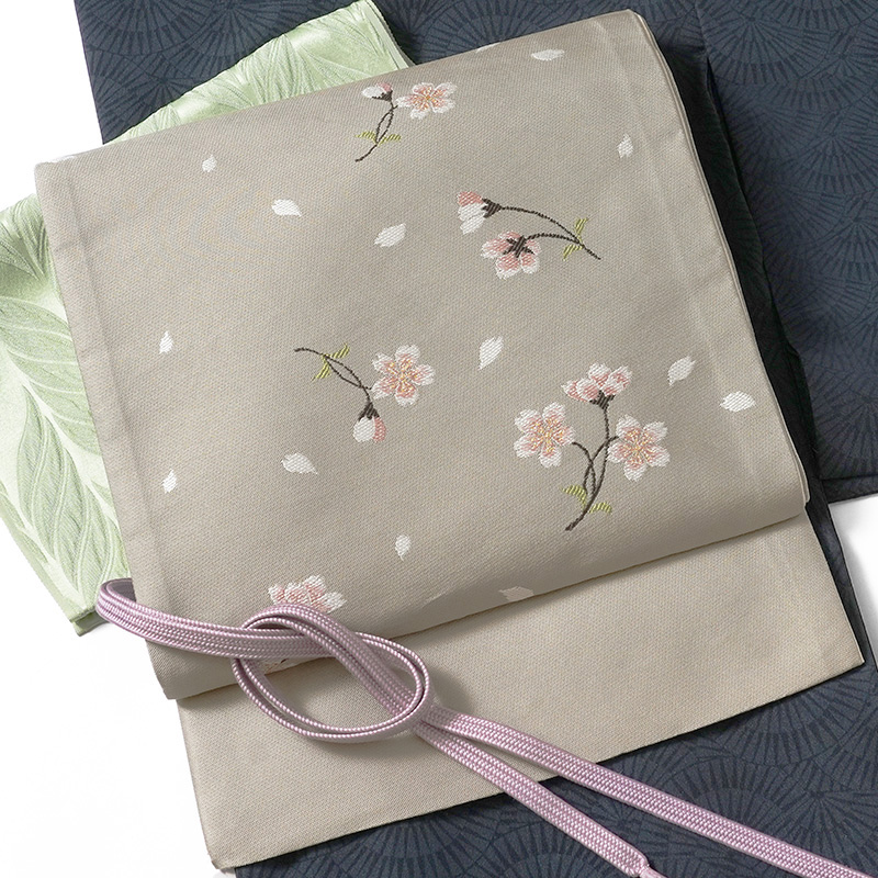 京袋帯 桜 グレー 伝統文様 JAPAN MODE 春 着物 お太鼓 仕立て上がり