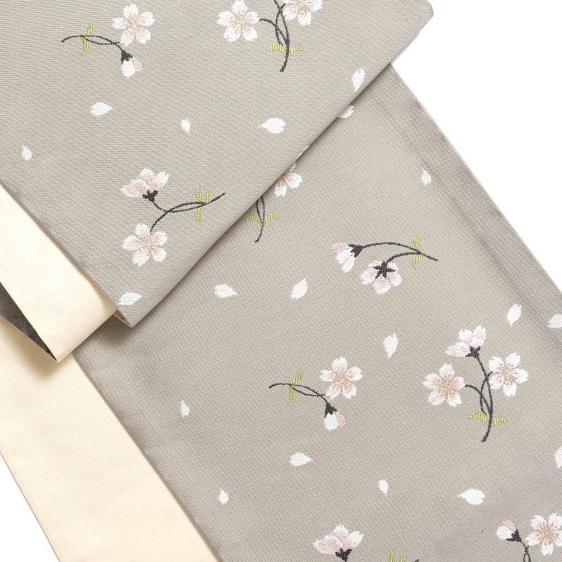京袋帯 桜 グレー 伝統文様 JAPAN MODE 春 着物 お太鼓 仕立て上がり