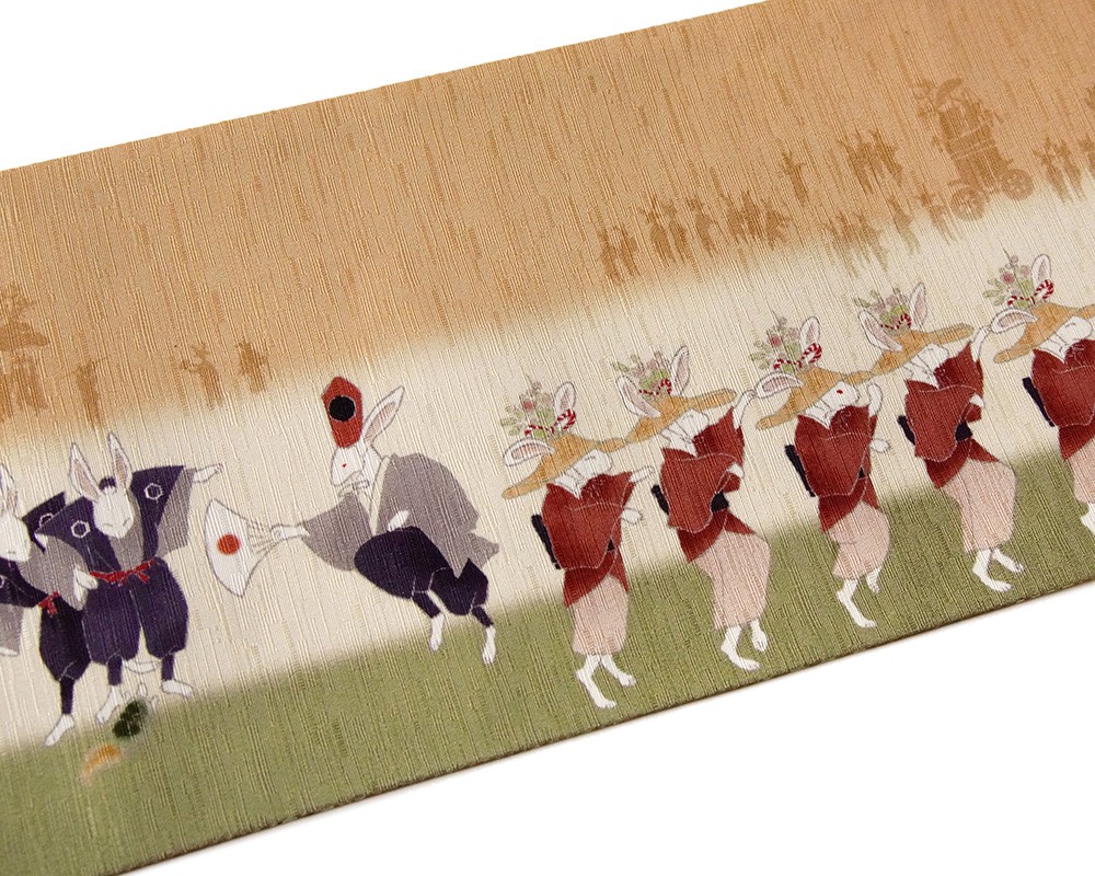 半幅帯 WAKKA 大兎祭 うさぎ 縁起物 祭囃子 ベージュ ピンク