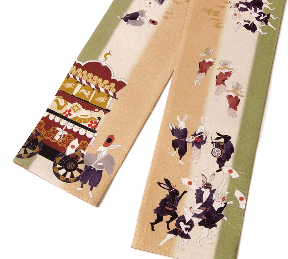 半幅帯 WAKKA 大兎祭 うさぎ 縁起物 祭囃子 ベージュ ピンク