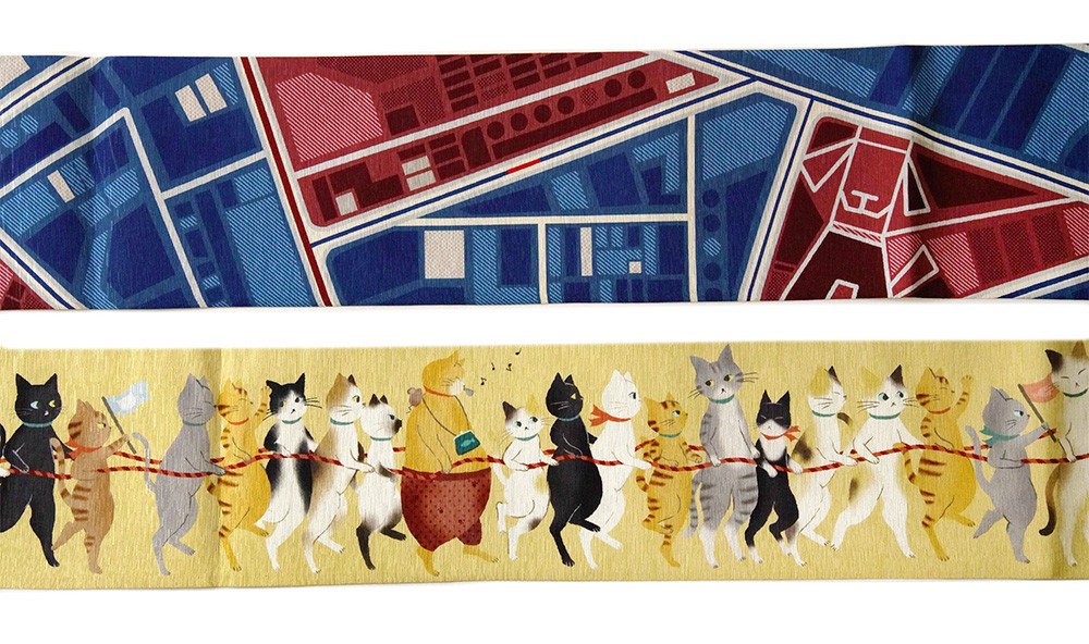 ☆日本製☆オシャレな正絹半幅帯☆百貨店取扱い品☆猫と月☆ネイビー☆ 京袋帯 WAKKA 風神 雷神 猫 ベージュ 黄色 正絹 お太鼓 一重太鼓