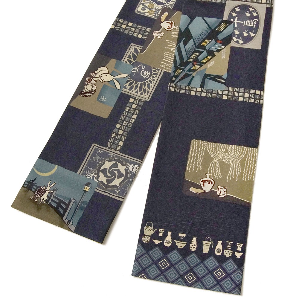 半幅帯 WAKKA はしご酒 うさぎ かめ 鳥獣戯画 紺 黄土 ネイビー