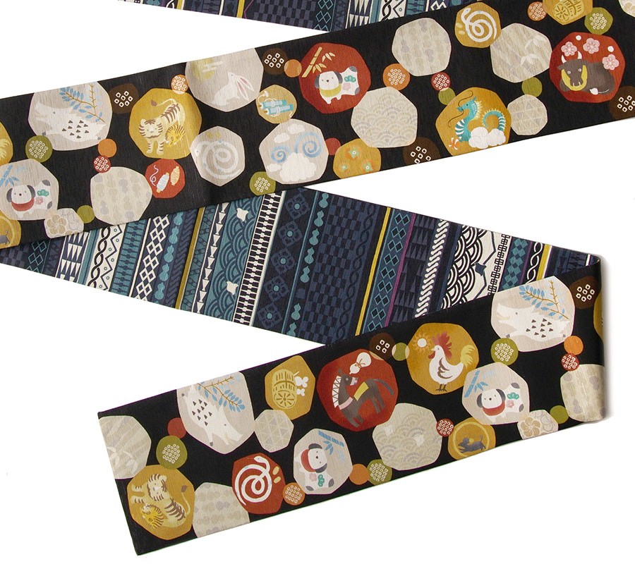 半幅帯 WAKKA 干支丸 十二支 縁起物 黒 藍 ネイビー 紺 伝統文様 縞
