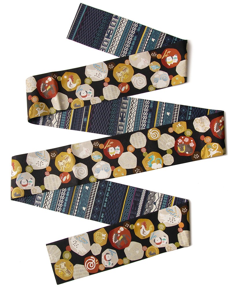 即日出荷 半幅帯 Wakka 干支丸 十二支 縁起物 黒 藍 ネイビー 紺 伝統文様 縞 アニマル 正絹 リバーシブル 長尺 変わり結び 格安人気 Zoetalentsolutions Com