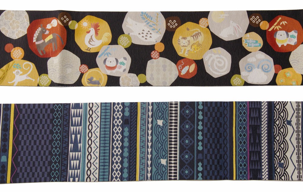 半幅帯 WAKKA 干支丸 十二支 縁起物 黒 藍 ネイビー 紺 伝統文様 縞