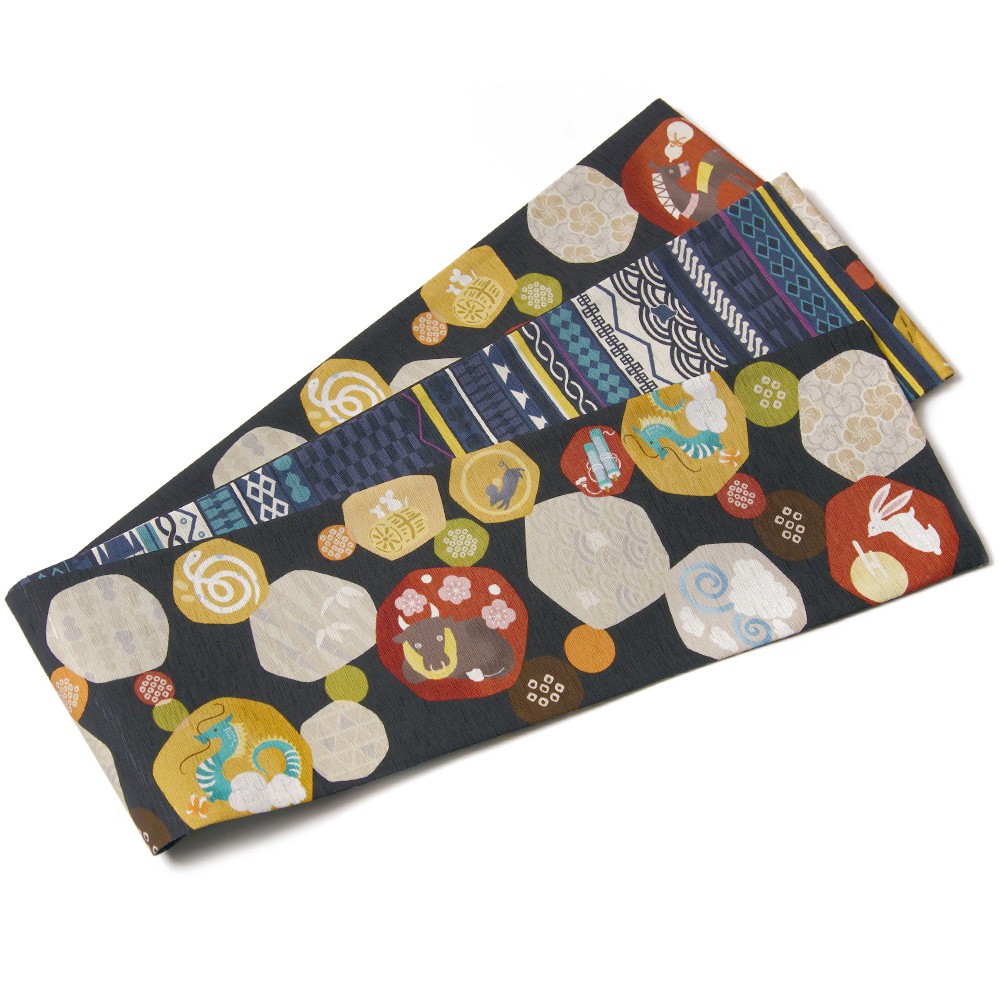 半幅帯 WAKKA 干支丸 十二支 縁起物 黒 藍 ネイビー 紺 伝統文様 縞