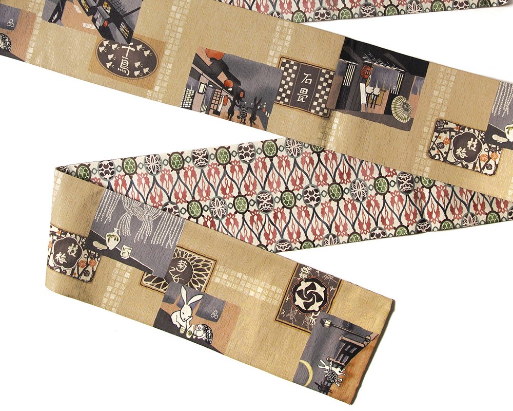 半幅帯 WAKKA はしご酒 うさぎ かめ 鳥獣戯画 黄土 イエローベージュ