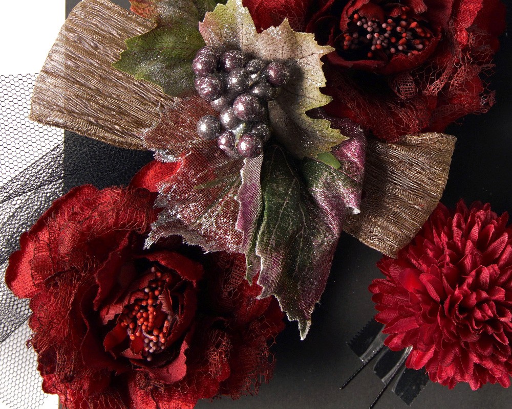 アンティーク風 花飾り 2点セット バラ ボルドー 赤 緑 黒 チュール