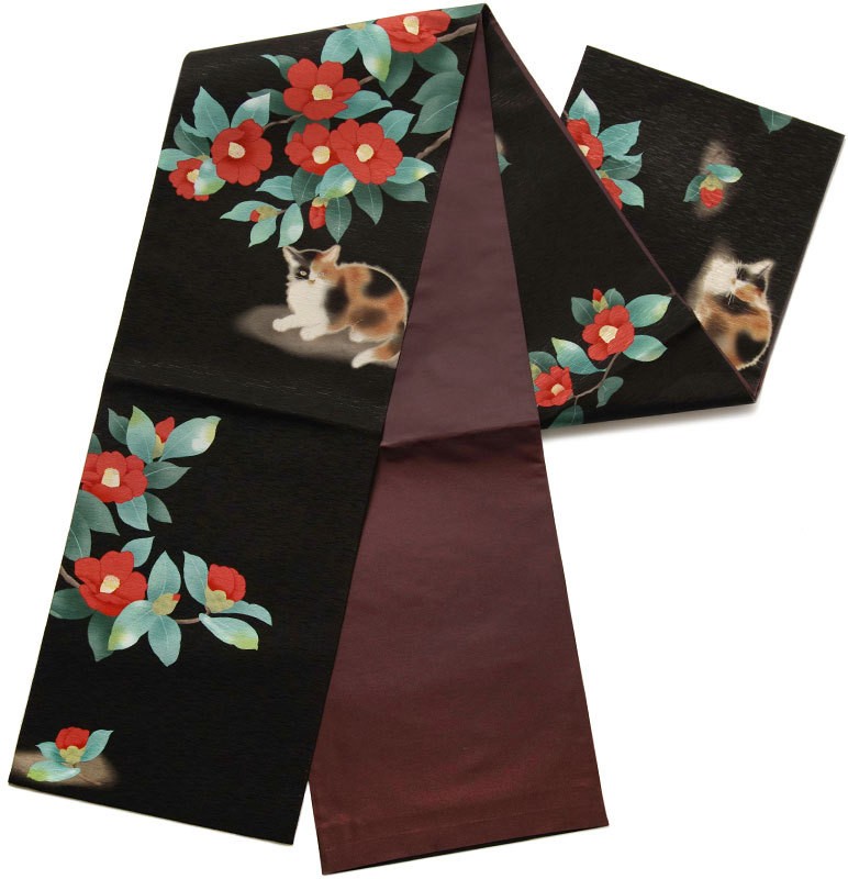 京袋帯 WAKKA 椿猫十郎 黒 赤 三毛猫 花 動物 レトロ モダン シック