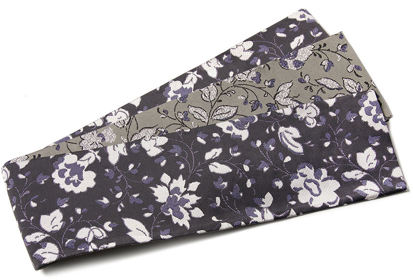 半幅帯 正絹 花 グレー 紫 長尺 レトロ モダン シック 日本製 リバーシブル 変り結び 細帯 つやび 雅姫
