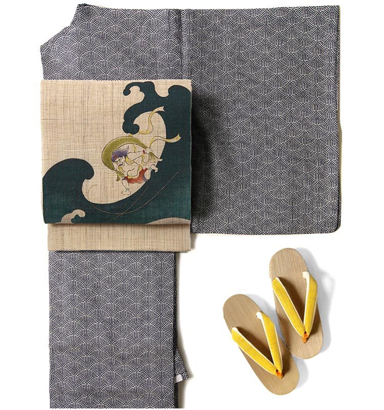 名古屋帯 召しませ花 麻 風神雷神 サーフィン 波 夏 ベージュ