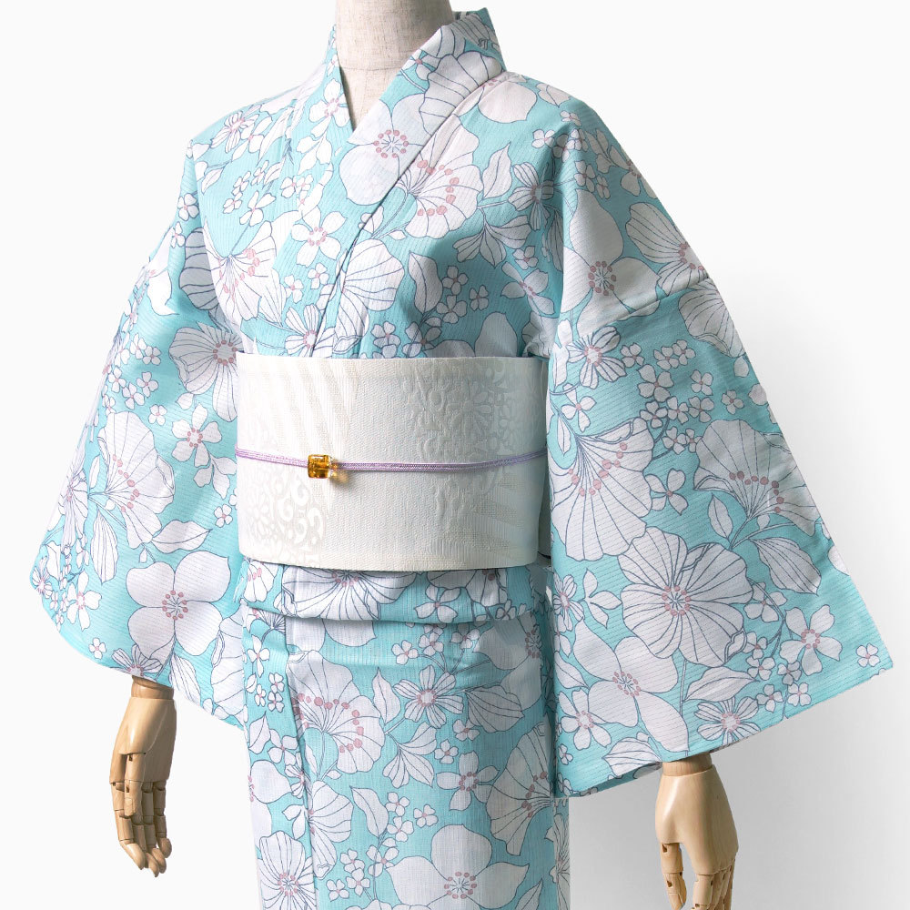 夏着物 綿絽 そしてゆめ 花 植物 水色 白 パステル 古典柄 女性用 仕立上がり 単品 浴衣 日本製