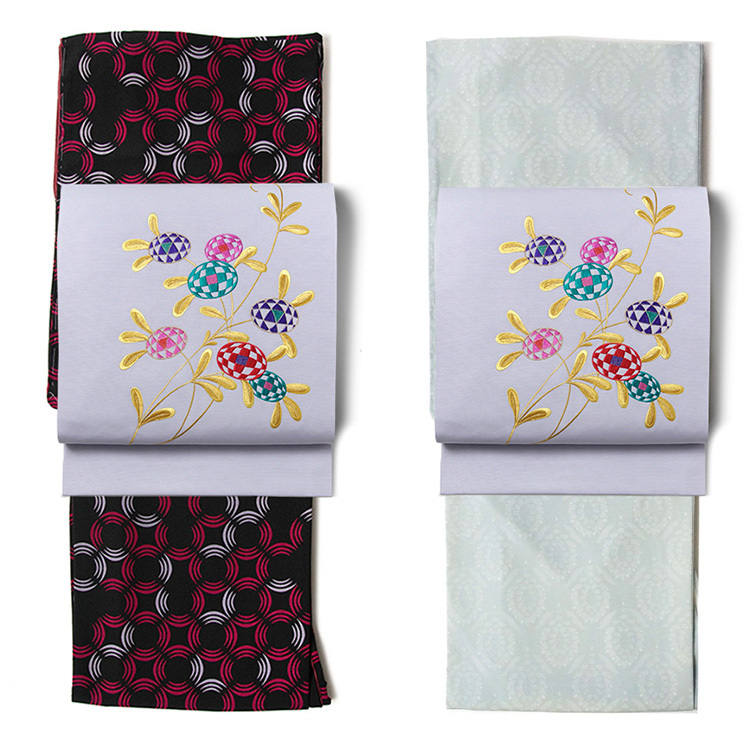 名古屋帯 刺繍 薄紫 パープル グレー チェック 花 塩瀬 レトロ シック